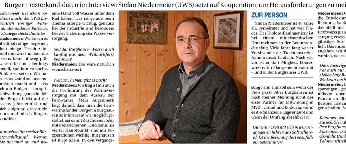 Stefan Niedermeier, Kandidat der UWB Unabhängige Wähler Burghausen im Interview mit der Lokalpresse 